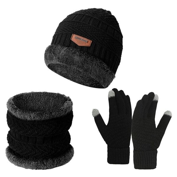 Obasyhig Fleece-Lined Knitted Winter 3-Piece Set - Black - Style 2