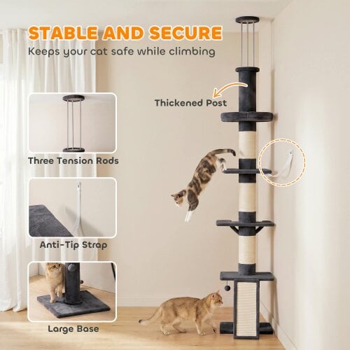 PawHut Floor to Ceiling Cat Tree, 230-260 cm Adjustable Cat Tower Dark Grey