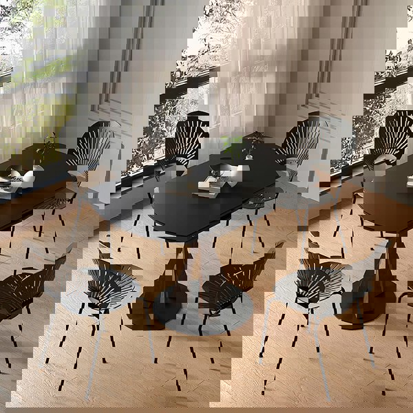 Caruso Round Extending Dining Table, Sintered Stone, White in a lifestyle setting with oak console dining table