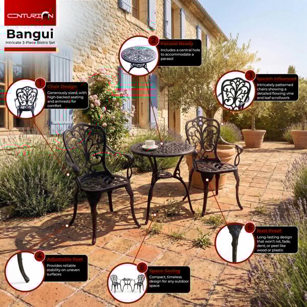 Centurion Supports BANGUI Black Garden and Patio Table and 2 Chairs Cast Aluminium Bistro Set
