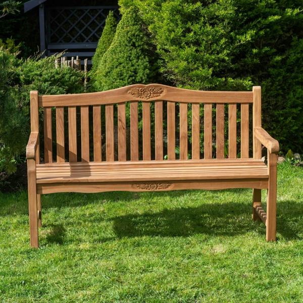 The Garden Marketplace Solid Teak 3 Seater Garden Bench with Flower & Leaf Carvings