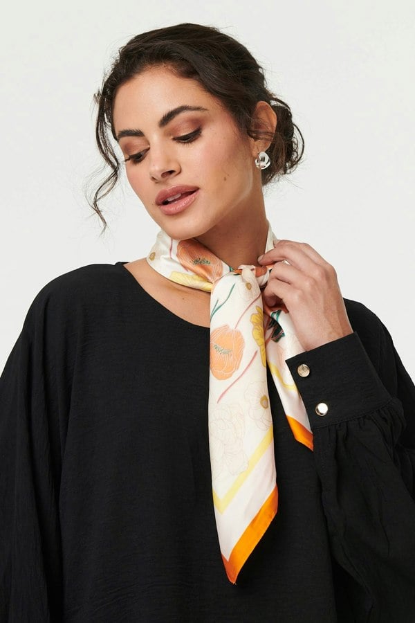 Orange | Floral Border Print Slim Square Scarf
