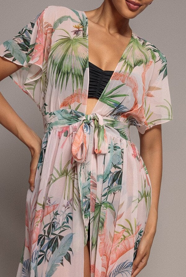 Goddiva Palm Print Flutter Sleeve Kimono Maxi Dress - Palm Print by Goddiva