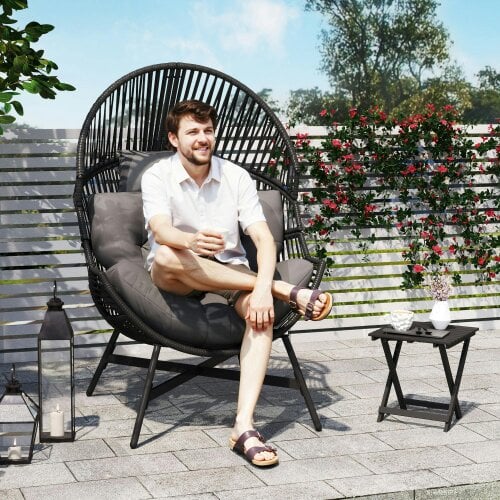 Wyld Haus Rataco Rattan Charcoal Grey Oversized Freestanding Egg Chair With Tufted Cushion And Headrest