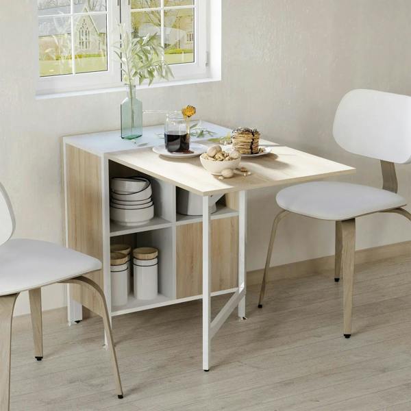 Oak and white drop-leaf dining table with open cube storage and two side chairs