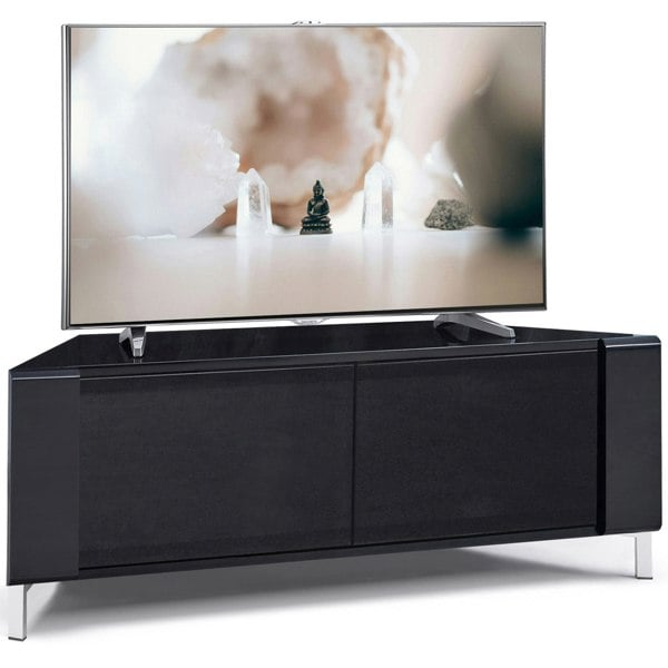 MDA Designs CORVUS Corner-Friendly Gloss Black Contemporary Cabinet with BeamThru Glass Doors Modern Space-Saving Stand for Flat Screen TVs up to 50"