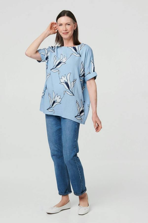 Blue | Floral Embroidered Texture Tunic Top