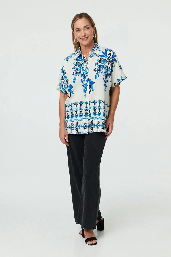 Blue | Floral 1/2 Sleeve Relaxed Shirt
