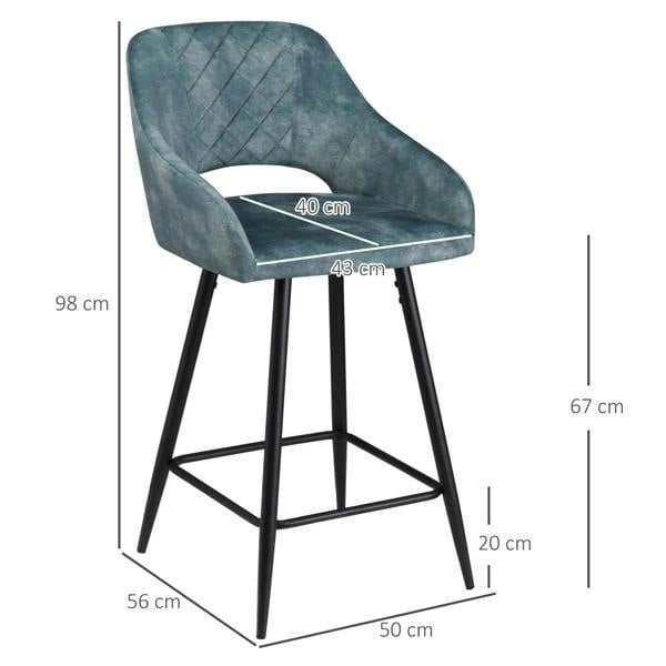 Blue quilted velvet-touch bar stool with padded seat, black steel legs, and armless footrest