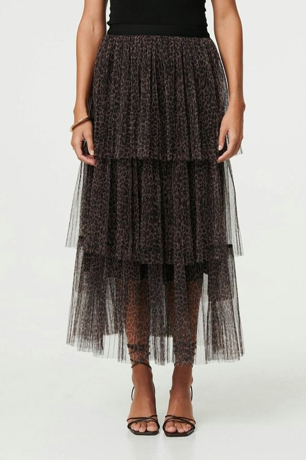 Brown | Animal Print Tiered Midi Skirt
