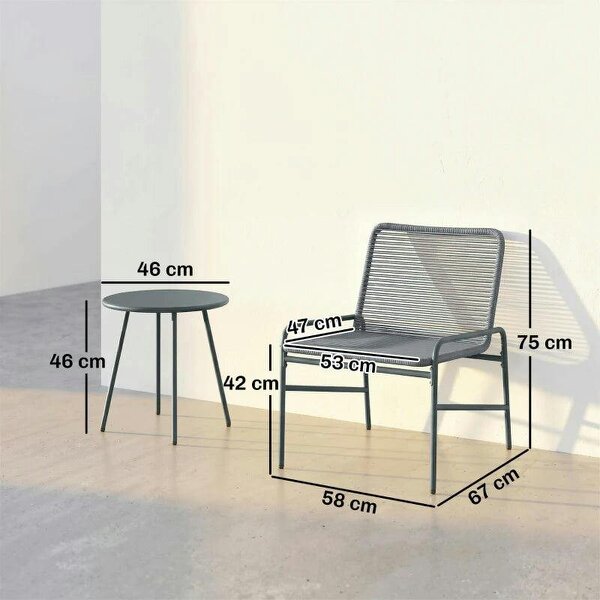 3 Piece Rattan Bistro Set, Outdoor Garden Furniture Set with 2 Chairs, Round Coffee Table for Patio, Balcony, Dark Grey