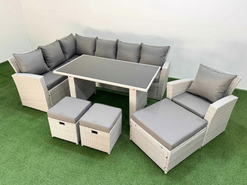 Fimous 10 Seater Rattan Corner Sofa Outdoor Garden Furniture Set with Rectangular Dining Table Lounge Sofa 3 Footstools Armchair Light Grey