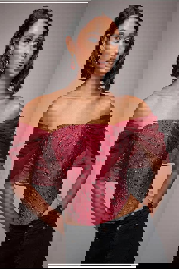 Off Shoulder Jacquard Top With Organza Wings - Burgundy Red T231