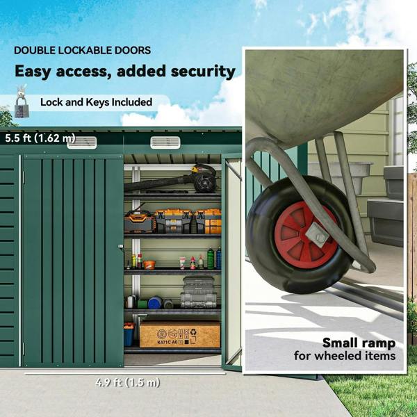 Green metal shed interior with double lockable doors, tools on shelves, key security panel