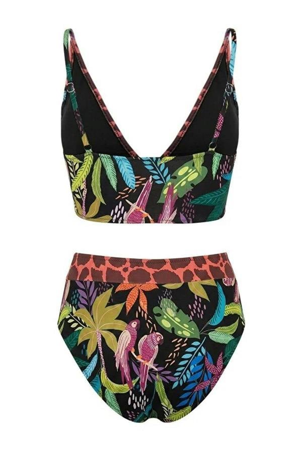 WOVCOR Tropical Patterned Triangle Covered Hipster High Waist Bikini Set