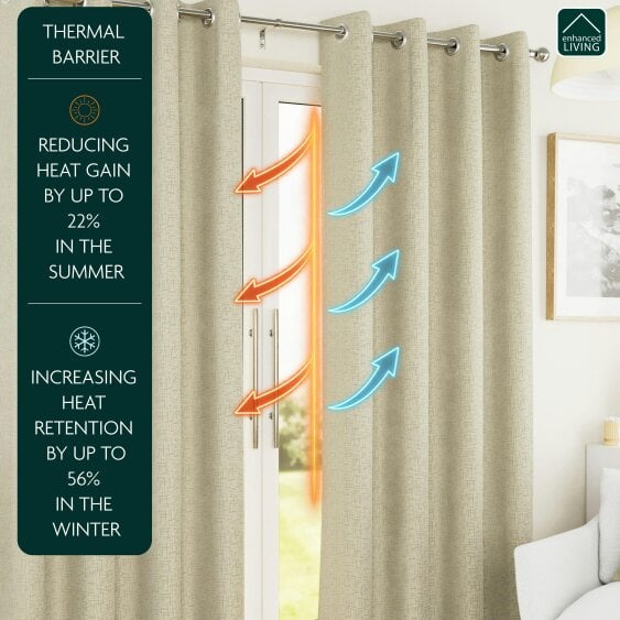Enhanced Living Cream Plain Textured Thermal Room Darkening Energy Saving Pair of Curtains For Bedroom & Living Room