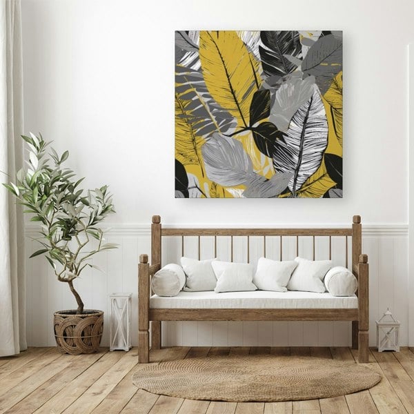 Warren Reed Grey Yellow Floral Leaves Canvas