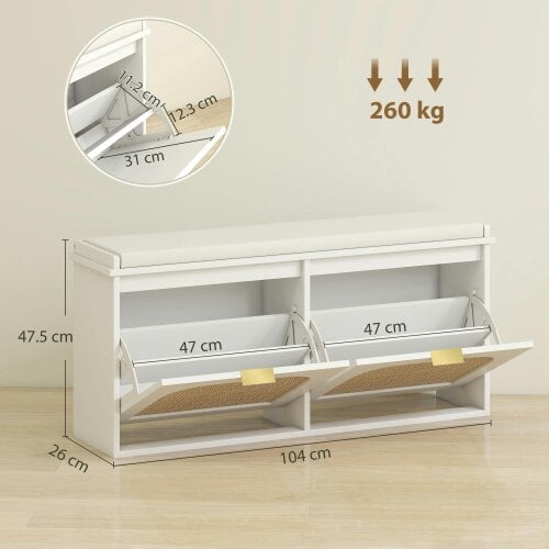 Wyld Haus Hano Wooden White Boho Style Shoe Bench With Cushioned Seat And 2 Flip Drawers