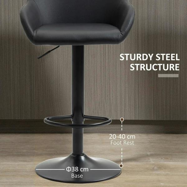 Black bar stool with sturdy steel base and circular footrest ring beneath seat