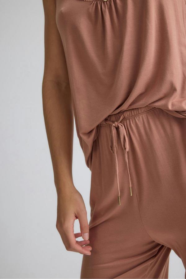 Pretty You London Bamboo Lace Cami Cropped Trouser Pyjama Set in Mocha