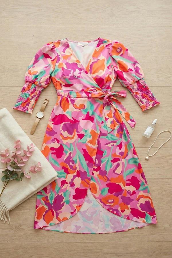 Haniya Wrap Front Printed Midi Dress - Pink