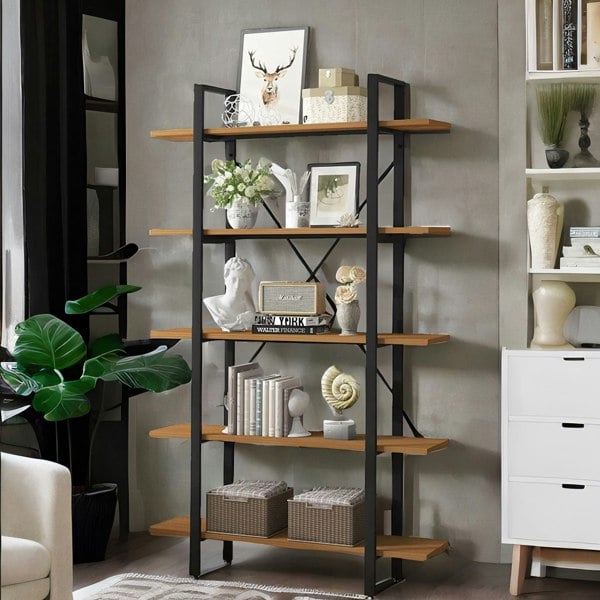 Rafaelo Mobilia Industrial 5 Tier Rustic Brown Bookcase