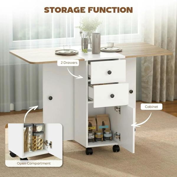 White and oak drop-leaf dining table cart with two drawers, open compartment, and cabinet