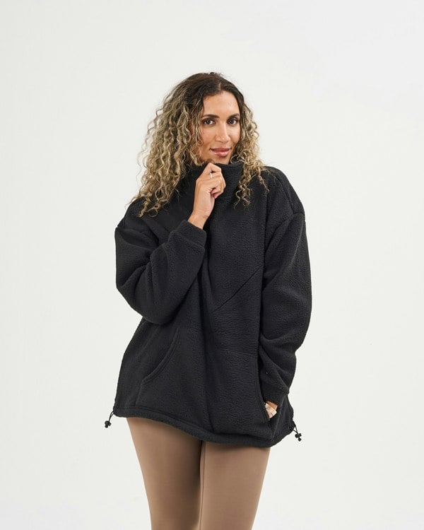 Pretty Mama Cosy Quarter Zip Oversized Breastfeeding Fleece with Pocket - Black