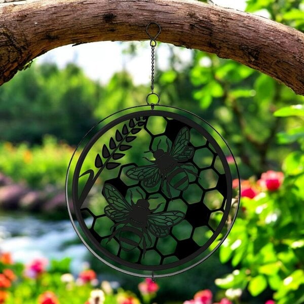 EDH Door Hardware Black Metal Honey Bees Hanging Silhouette Orbit Spinner – 39cm x 23cm | Outdoor & Indoor Wind Spinner for Garden, Patio & Home Décor