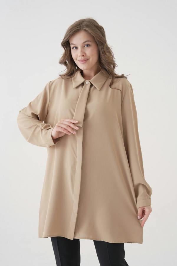 Hoxton Gal Oversized Long Sleeves Tie-Neck Tunic in Beige