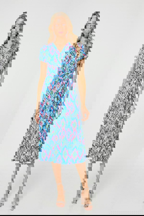 Blue | Printed Ruched Faux-Wrap Midi Dress