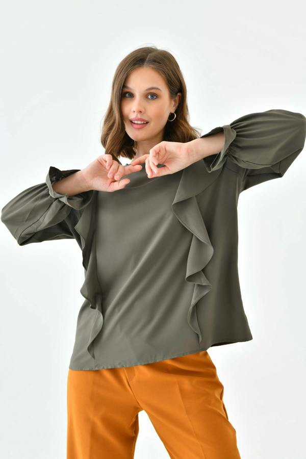 Hoxton Gal Oversized Frilled Front Blouse with Detailed Cuffs in Khaki