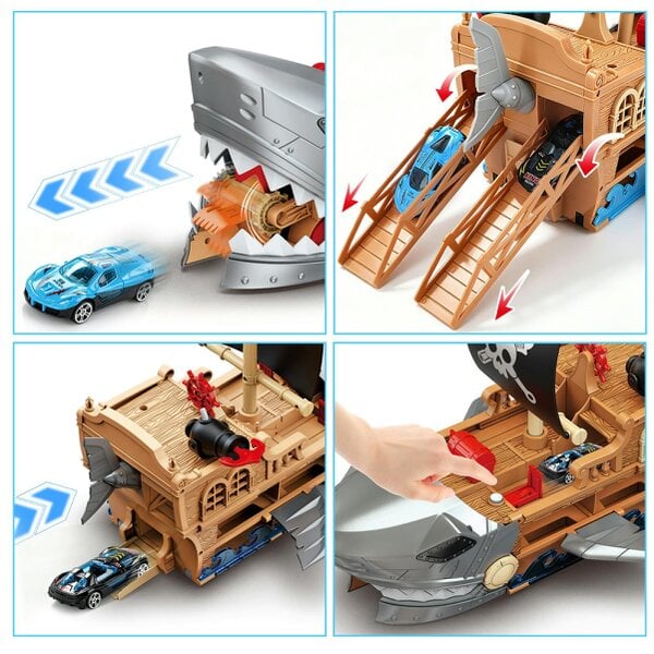 deAO Toys Shark Bite Pirate Ship Toy Set 8 Race Cars, Launch Track GREY Age 3+