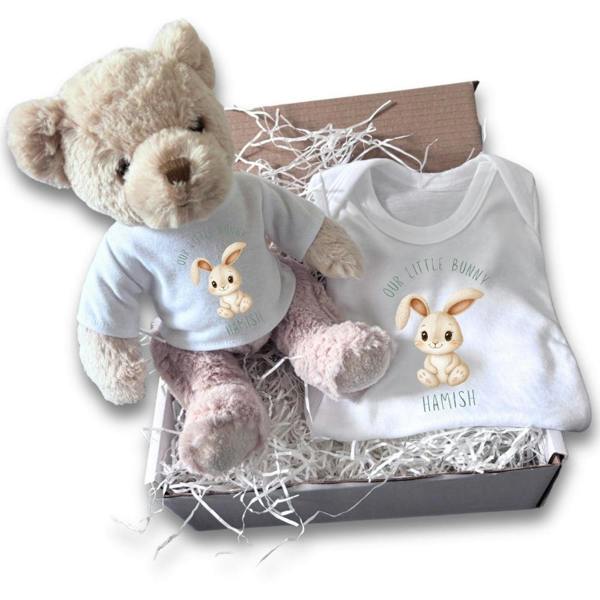 Personalised Our Little Bunny Gift Hamper Baby Gift Box - Teddy & Vest