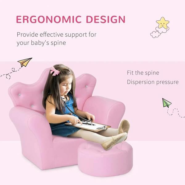 Pink kids armchair with supportive shape, tufted back and matching round ottoman