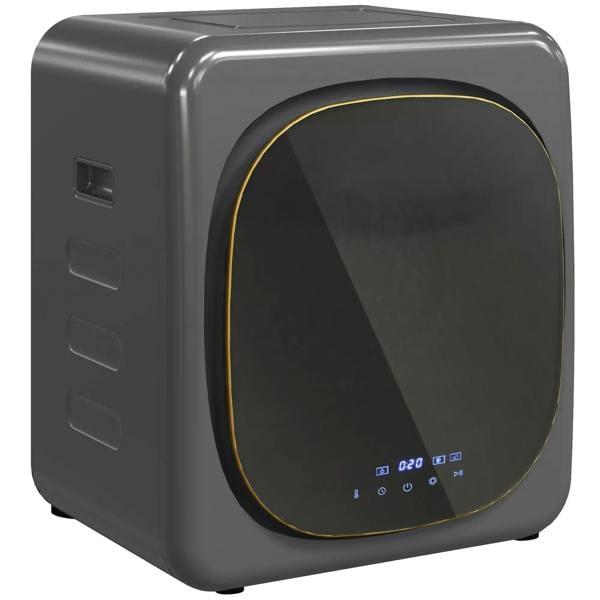 Grey compact front-load tumble dryer with round door and illuminated control panel