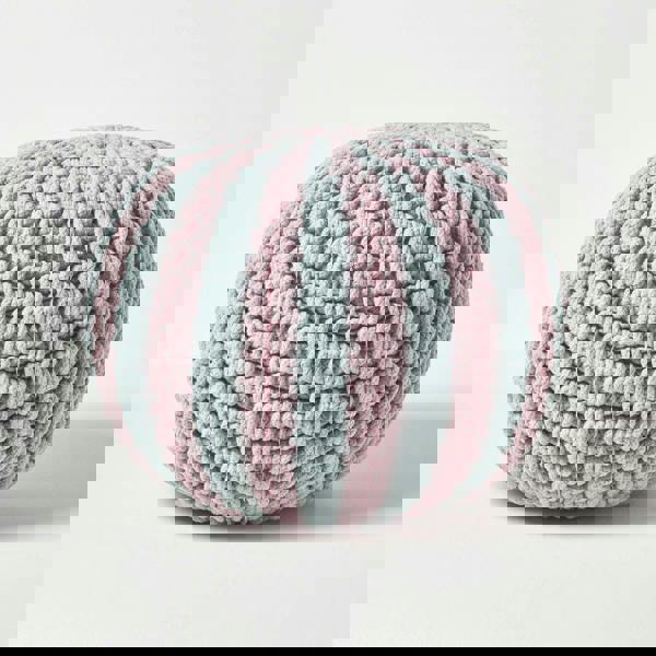 HOMESCAPES Pink and Blue Knitted Pouffe Striped Footstool