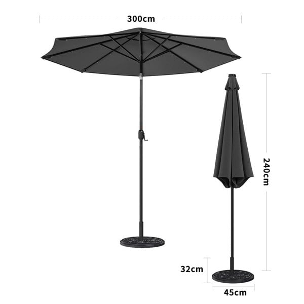 Black 3m Iron Garden Parasol Sun Umbrella With Solar LED Lights Parasols & Rain Umbrellas Living and Home 10KG Petal cement tank base