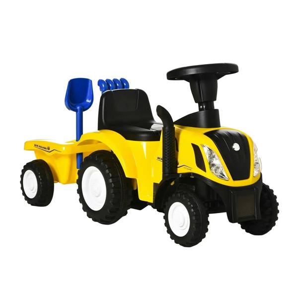Yellow toddler ride-on tractor walker with blue steering handle and black seat