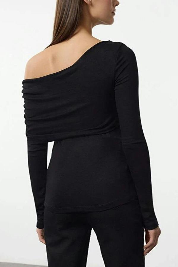 WOVCOR Asymmetrical Collar Flexible Knit Blouse