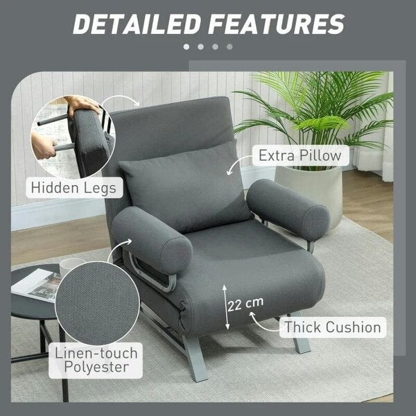 Single Sofa Bed, 3-in-1 Convertible Folding Chair Bed with Adjustable Backrest, Removable Armrests, Dark Grey