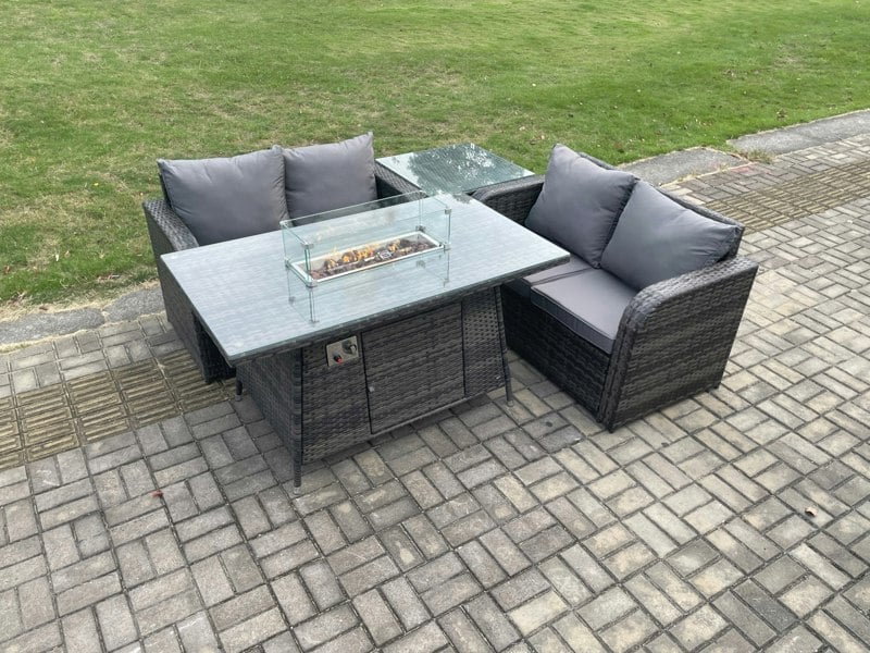 Fimous Rattan Garden Furniture Set with Gas Fire Pit Table 4 Pieces Outdoor Loveseat Sofa Set Dark Grey Mixed