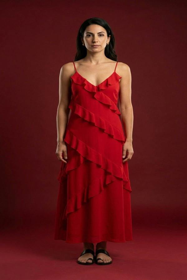 Gracie V-neck Tiered Ruffle Backless Maxi Dress - Cherry Red