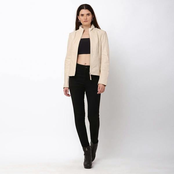 Women’s Cream Leather Jacket – Reilly 5