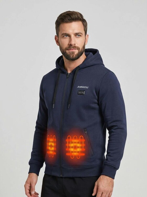 Anniou Men's Navy Blue Zip Heated Hoodie - blue