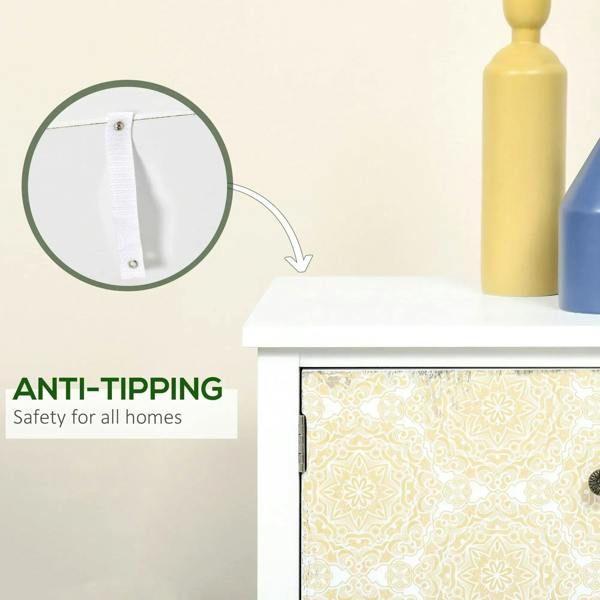 Anti-tip bracket on white sideboard cabinet wall strap