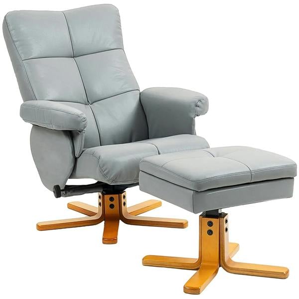 Light grey PU leather swivel recliner chair with matching footstool and wooden base