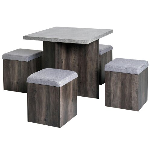 Wyld Haus Nobael 5 Piece Metal And Wood Outdoor Dining Set With 4 Storage Stools Cushions And Table