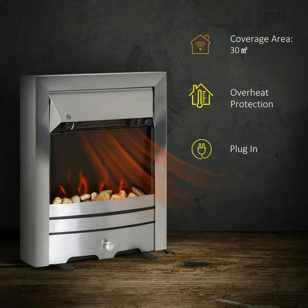 Stainless steel electric fireplace heater with pebble LED flame effect and safety icons