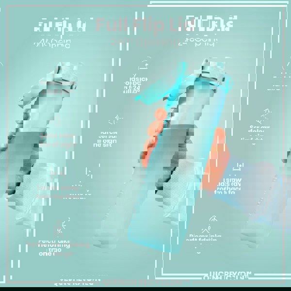 A light-blue water bottle with a full flip lid is being held; the lid folds back 240°, providing a clear line of sight and sitting away from the face, perfect for on-the-go drinking. QUENCH RECYCLON™